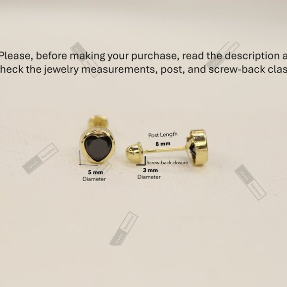 Elegant 14K Solid Gold Heart Earrings with Black Zirconia • 5mm Round Silhouette - Picture 7 of 7